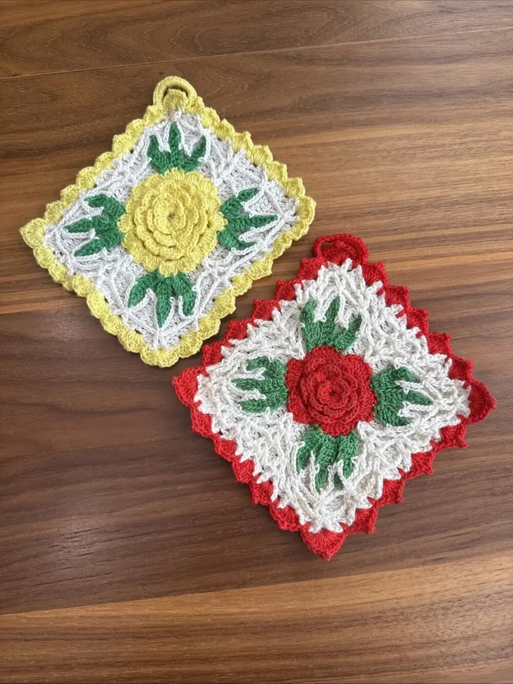 Granny Core Handmade Vintage Crocheted Flower Red Yellow Rose Pot Holder Lot 2